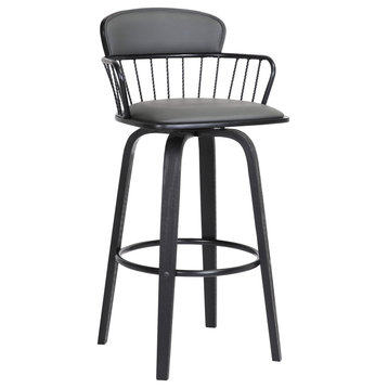 Willow 25.5" Swivel Black Wood Counter Stool, Grey Faux Leather