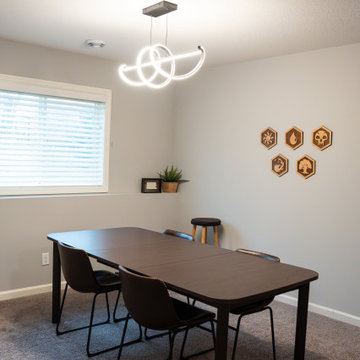 Bold Basement Finish — Linear Gas Fireplace, Wet Bar & Cafe Appliance Suite