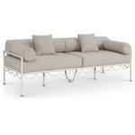 Meridian Furniture - Portofino Water Resisting Fabric Upholstered Patio Sofa, Beige - Bold art deco lines and plush beige water-repellent fabric define the Portofino patio sofa. Wrapped in a cream off white aluminum frame, it balances striking design with outdoor durability. Perfect for lounging under the sun or stargazing in style, this chair turns any outdoor space into a chic retreat.