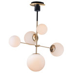 Maxim - Vesper 5-light pendant in Satin Brass / Black with Satin White Glass/Shade - Inspired by both Mid Century Modern and Scandinavian Contemporary this collection spans a large breadth of today's interior design. Straight tubing finished in Satin Brass supports hand blown Satin White cased glass globes. Black accents of metal and Black marble add dramatic detail and upscale appeal.&nbsp