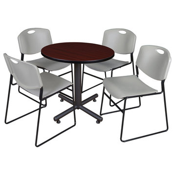 Kobe 30" Round Breakroom Table- Mahogany & 4 Zeng Stack Chairs- Grey