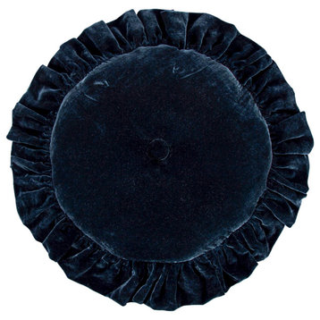 Stella Faux Silk Velvet Ruffled Round Pillow, 18", Midnight Blue, 1 Piece