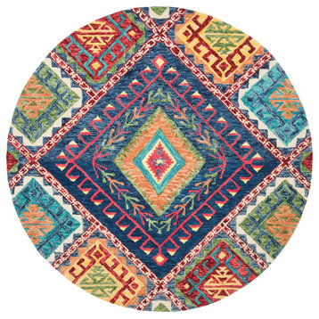 Unique Bohemian Area Rug, Wool With Blue/Multicolor Diamond Pattern, 9' Round