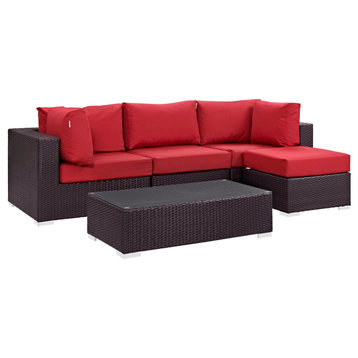 Modern Contemporary Urban Outdoor Patio 5-Piece Sectional Sofa Set, Red, Rattan