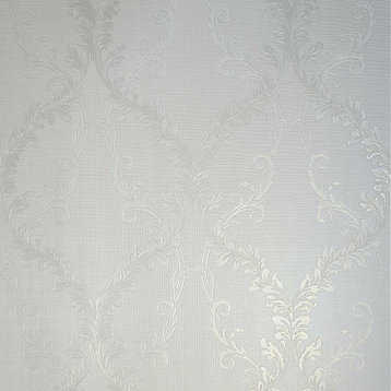 White Ivory Textured floral Victorian Damask faux fabric Wallpaper, 27 Inc X 33