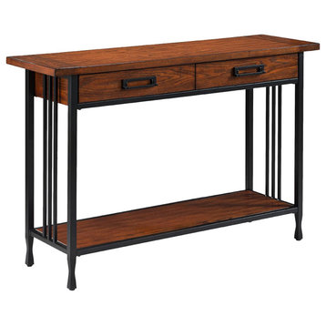 Modern Console Table, Metal Frame With Rectangular Top & Open Shelf, Black/Brown