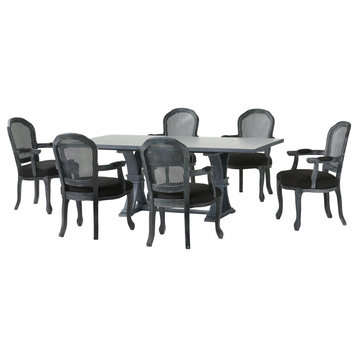Mariette French Country Wood and Cane 7 Piece Expandable Dining Set, Black/Gray