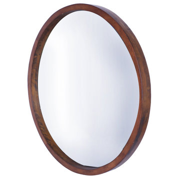 22" Round Wood Wall Mirror, Large, Walnut Brown