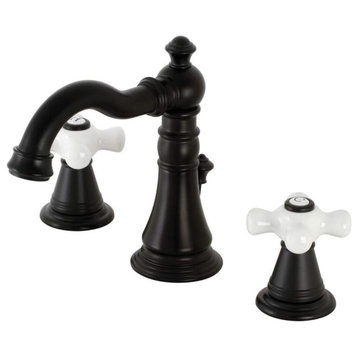 Bathroom Faucet, Widespread Design With Crossed White Levers, Matte Black