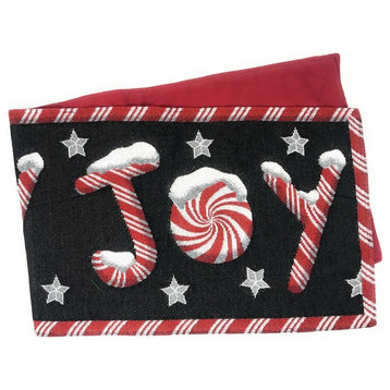 Peppermint Joy Table Runner, Holiday Red Black Stars Tapestry, 13" X 48"