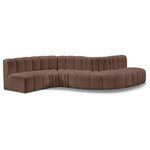 Meridian Furniture - Arc Vegan Leather Upholstered 6-Pc. S-Shaped Modular Sofa, Brown - Unleash modern opulence with the Arc Vegan Leather 6pc. Sectional. Crafted for the modern connoisseur, this Sectional injects an air of refined luxury into any space. Its sleek silhouette, upholstered in supple brown vegan leather, exudes timeless sophistication while the deep channel tufting adds textural intrigue, further elevating the chair's visual appeal. The modular design makes it a versatile chameleon, effortlessly adapting to your evolving needs and preferences. Whether you envision it gracing a chic living room corner, basking in the glow of a bedroom window, or adding a touch of drama to a home office, the Arc seamlessly complements your unique interior aesthetic.