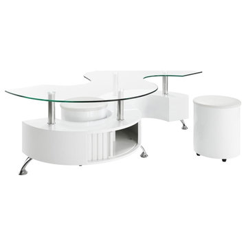 Coaster Buckley Wood Curved Glass Top Coffee Table With Stools in White
