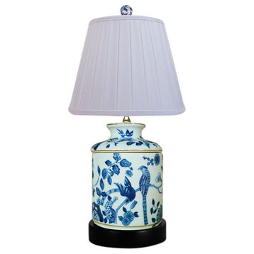 Blue and White Bird Motif Chinese Porcelain Jar Table Lamp 17"