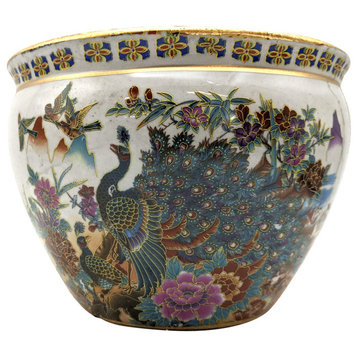 Chinese Porcelain Fish Bowl Planter, Satsuma Geishas, 8"