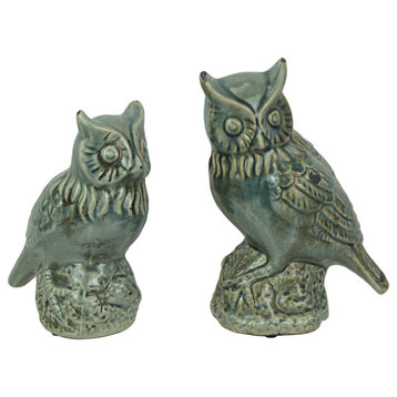 Grey Crackle Finish Set of 2 Ceramic Owl Statues