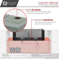 STYLISH 32"Graphite Black Workstation Double Bowl Undermount Kitchen Sink