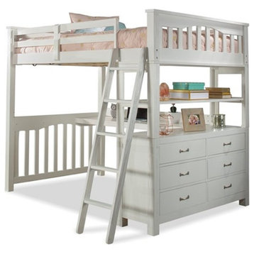 Highlands Full Loft Bed with Desk and Hanging Nightstand in White