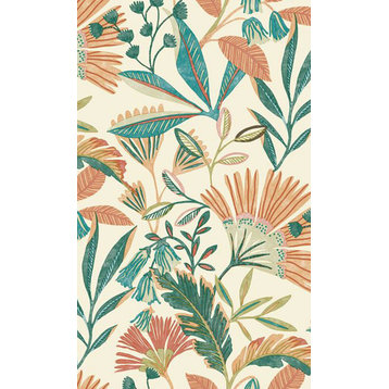 Tropical Flowers and Trees Botanical Wallpaper, White, Double Roll