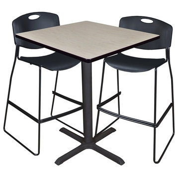 Cain 36" Square Café Table, Maple and 2 Zeng Stack Stools, Black