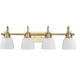 Progress Lighting - Preston Collection Four-Light Coastal Vintage Brass Bath and Vanity Light - Preston features industrial inspired details paired with elegant opal glass for comfortable illumination in the bath, and fits beautifully into farmhouse, coastal and transitional settings. The decorative frame includes a softly curved metal support with authentically crafted hardware elements.