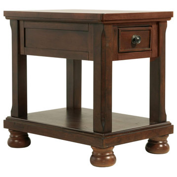 Classic End Table, Rounded Legs With Storage Drawer & Pull Handles, Dark Brown