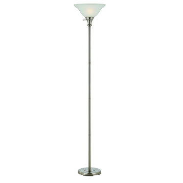 150W 3 Way Torchiere with Glass Shade, Brushed Steel Finish, White