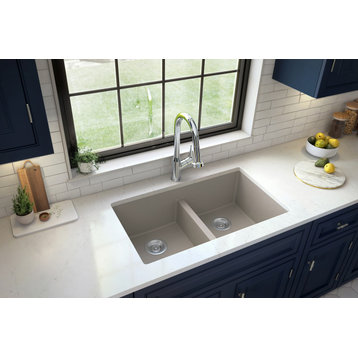 Karran 32" Undermount Double Equal Bowl Quartz Kitchen Sink, Concrete