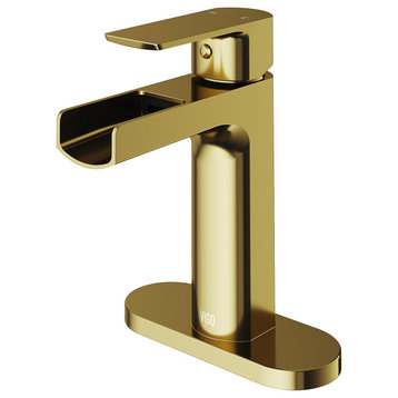 VIGO Ileana Single Hole Bathroom Faucet With Deck Plate, Matte Gold