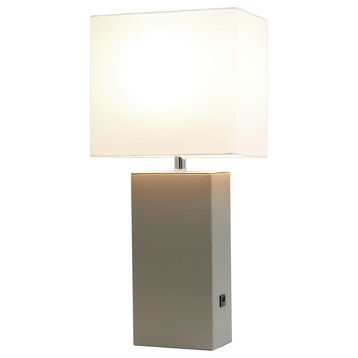 Elegant Designs Modern Leather Table Lamp With Usb and White Shade, Gray