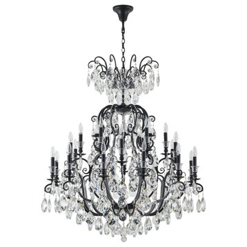 24-Light Matte Black Chandelier With Clear Hanging Crystals