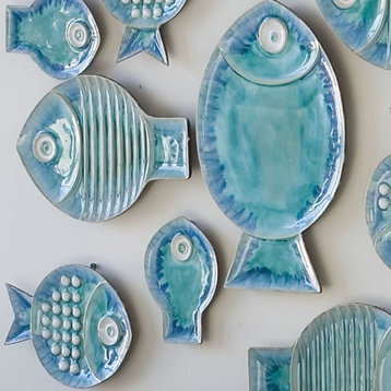 Aqua Blue Fish Wall Art Plate Set 4, Mid Century Modern Textured Turquoise