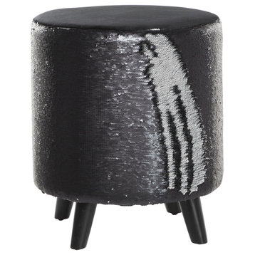 Polyester Silver And Black Sequin Accent Stool With Wooden Legs, 16" X 17"