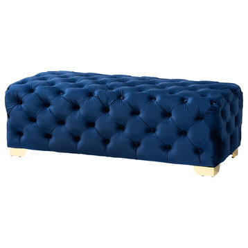 Kimberly Luxe Velvet Upholstered Gold Button Tufted Bench Ottoman, Royal Blue