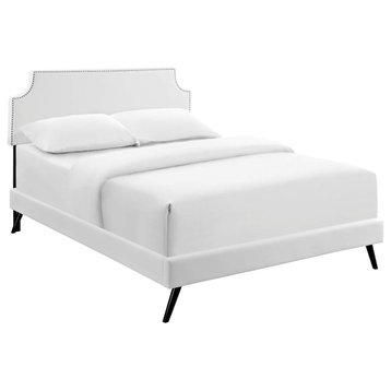 Corene Queen Faux Leather Platform Bed With Round Splayed Legs, White