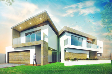 Design ideas for a large contemporary two-storey brick white exterior in Perth with a flat roof.