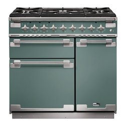 Falcon Elise 90 Dual Fuel in Mineral Green with brushed nickel trim - Cooktops