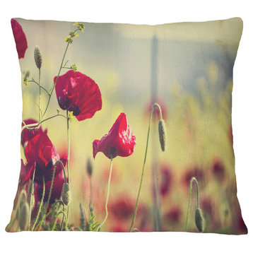 Poppy Flowers On Green Background Floral Throw Pillow, 18"x18"