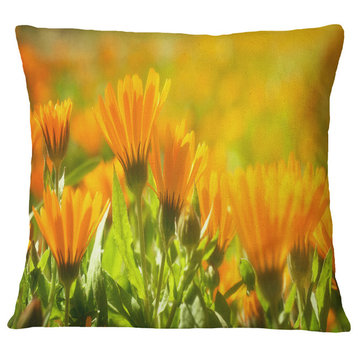 Orange Marigold Flowers in Sunlight Floral Throw Pillow, 16"x16"