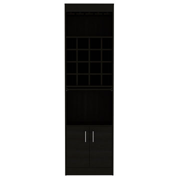 Soria Bar Cabinet with 16 Wine Cubbies, and Concealable Tray, Black
