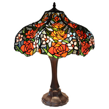 18"W Rose Flower Jeweled Stained Glass Handcrafted Table Desk Lamp, Zinc Base