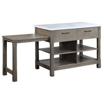 Acme Feivel Kitchen Island With PUll Out Table Marble Top and Gray Finish