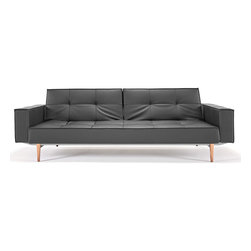 "Innovation" Splitback Black Leather Textile Sofa Bed / Arms / Light Wood Legs - Sofas