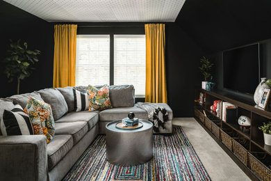 Mid-sized transitional enclosed carpeted, gray floor and wallpaper ceiling family room photo in Charlotte with black walls and a wall-mounted tv
