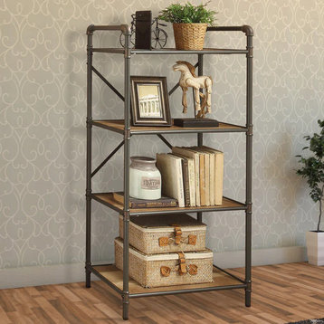 Benzara BM184753 Three-Tier Metal Bookshelf With Wooden Shelves Oak Brown & Gray