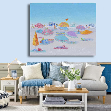 Summer Beach Painting - Coastal Scene with Colourful Umbrellas