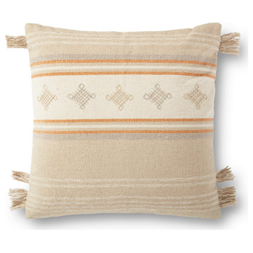 Beige/Orange 22"x22" HandCrafted Striped Rustic Fringed Accent Pillow