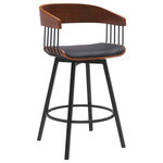 Armen Living - Athena Swivel Walnut Wood Counter Stool Black Faux Leather With Black Metal, 27" - Bring sophisticated style and comfort to your home with our Athena Upholstered Swivel Bar or Counter Stool. With bentwood construction, our bar stool features a stunningly streamlined and striking barrel back. Its sleek and eye-catching curves are complemented by an airy metallic frame and splayed legs for a stunning visual impact. An enveloping silhouette and padded seat promise a comfortable sit in a kitchen or lounge. Our barstool is available in both faux leather and high-performance fabric to best suit the daily wear and tear of your home. Expertly crafted from metal and engineered wood, the counter stool shows off a mixed material elegance to work well anywhere from your kitchen to a home office. It can complement a kitchen island, pub table, home bar, or adjustable desk, bringing a dose of style and comfort. Our modern bar stool comes with a wonderful 360-degree swivel with a smooth gliding system, allowing you to join conversations around the counter or work with ease and efficiency. The Athena swivel bar or counter stool easily incorporates into any home and is available in your choice of 27-inch or 31-inch seat height in a walnut wood finish with black, cream, and gray faux leather upholstery or a black wood finish with your choice of light gray or blue fabric or gray faux leather upholstery.