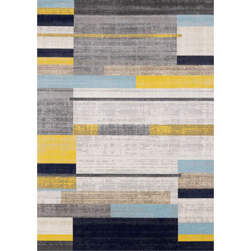 Spring Collection Gray Yellow Stripes Indoor Outdoor Area Rug, 5'3"x7'7"