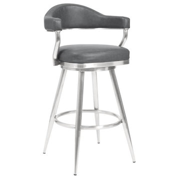 Armen Living Amador 26" Modern Faux Leather Counter Stool in Gray/Steel