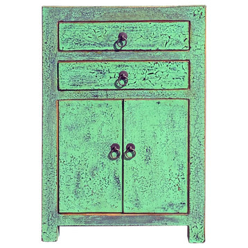 Oriental Distressed Green Lacquer Two Drawers End Table Nightstand Hcs6097
